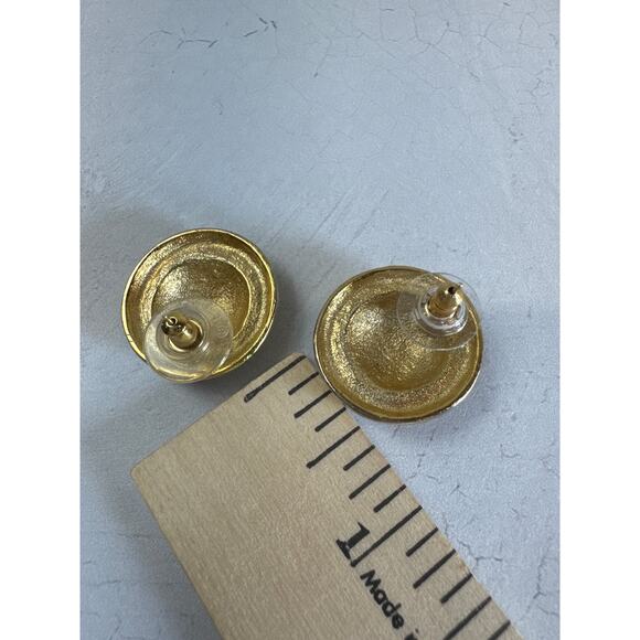 Vintage Monet 90s Blue and‎ Gold Tone Round Earrings - Picture 3 of 4